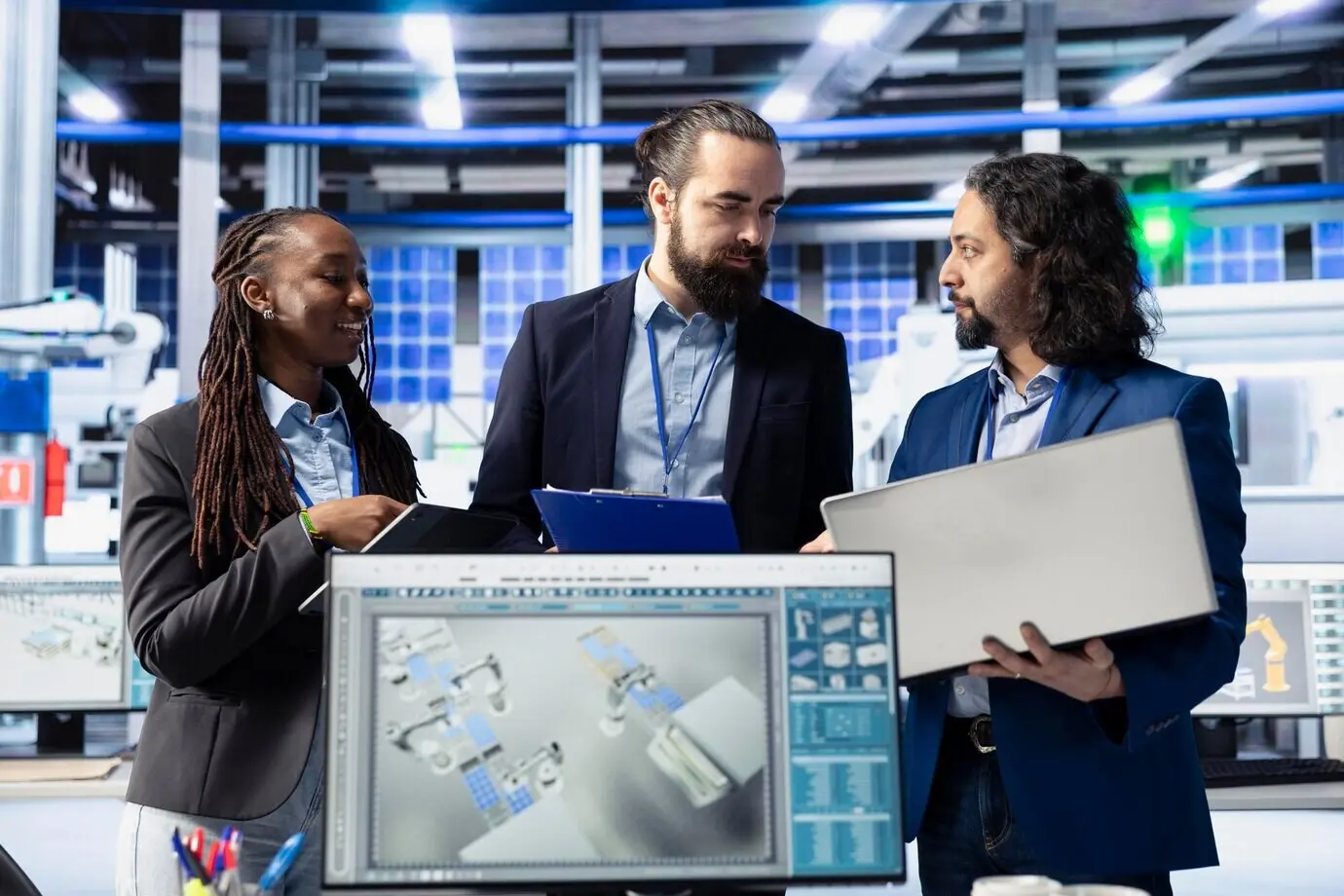 Ein Ingenieurteam in einer Solarmodulfabrik passt die Einstellungen der Roboteranlagen an.